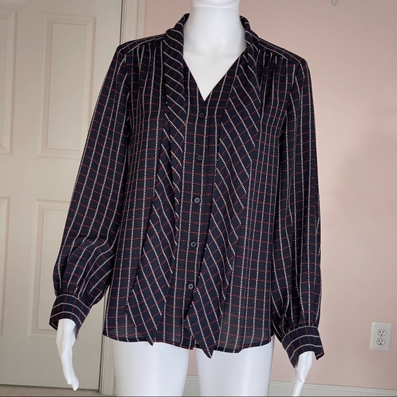 Banana Republic Tops - Banana Republic Women’s Long Sleeve Tie Neck Blue Plaid Blouse size MP